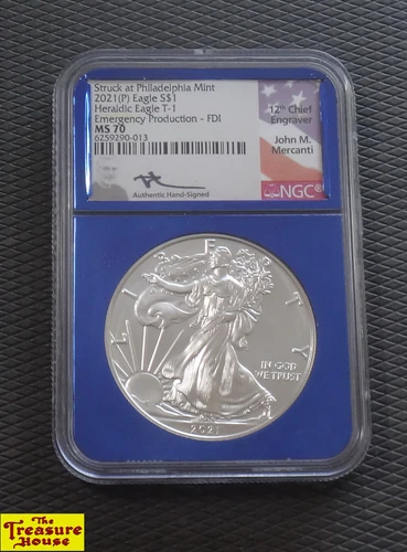 2021-(P) NGC MS 70 T-2 American Eagle Landing $1 Silver Coin FDI Mercanti Signed