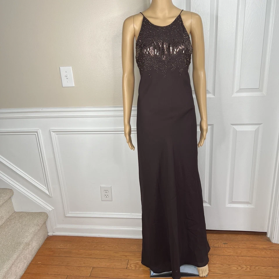 Cachet шелк как шифоновое платье размер 14 коричневый Y2K бисером с ремешками Gothic макси платье - Изображение 2 из 4