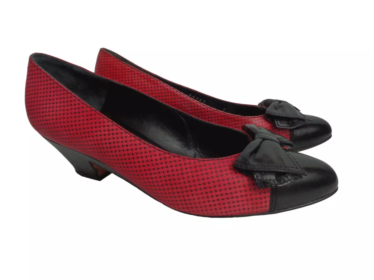 BRUNO MAGLI US 7M Black with Red Dot Leather Pump with Bow Low Heel Shoes ITALY