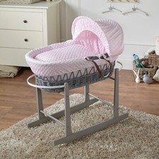 Baby Moses Basket With Stand - Pink Dimple / Grey Wicker | Bedding And Mattress