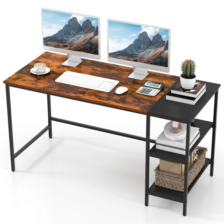 Computer Storage Workstation Study Desk Writing Table with 2 Tier Shelves  for Office and Home