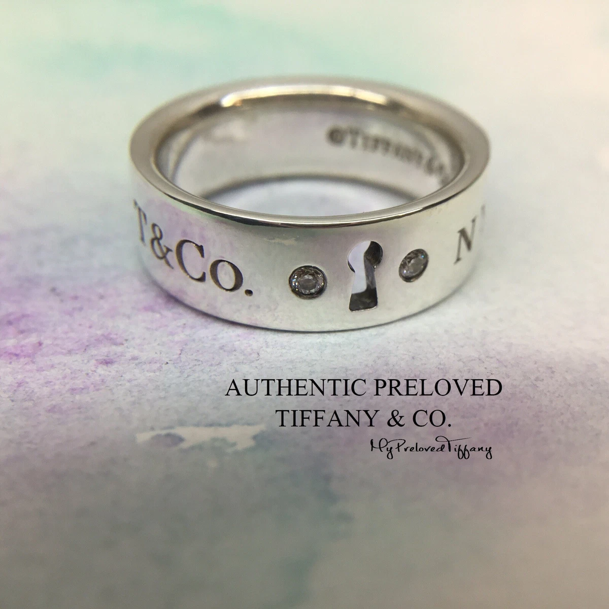 Tiffany & Co. NY Key Hole Lock Band Ring 2 Diamonds Silver Ring 4.25 RP$450