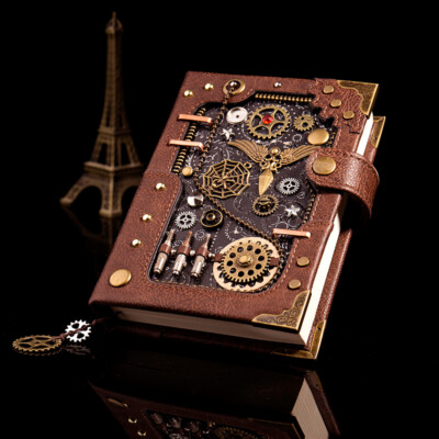 Handmade Steampunk Notebook Leather Journal with customized bookmark and stamp