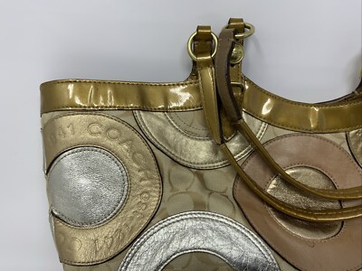 COACH CARLY PATCHWORK SHOULDER PURSE METALLIC GOLD TAN BROWN