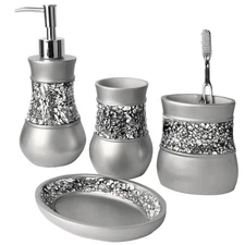 Creative Scents Crackled Glass Silver Bathroom Accessory Set - 4 Piece Bathro...