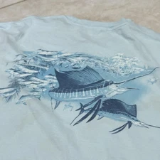 Guy Harvey Shirt Mens Large Light Blue Pocket Graphic Marlin Sailfish Fishing