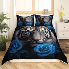 3D Tiger Duvet Cover Set Blue Rose Tiger Printed Bedding Set Queen Size for T...