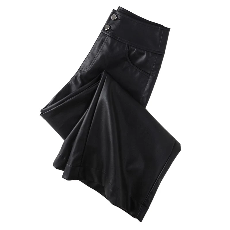 Mujeres Pantalones de talle alto de cuero PU Pantalones de pierna ancha Drapeado Informal Elegante Foto 4 de 4