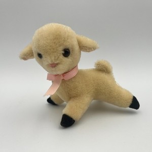 R Dakin & Co Mini 4" Plush Lamb Pink Bow 100% Wool Ornament 1983 Vintage