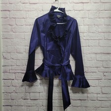 Adrianna Papell Ruffled Midnight Blue Jacket Size L Trumpet Sleeve Gothic Witchy