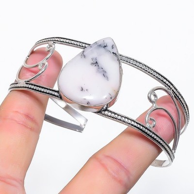 Dendrite Opal Gemstone Handmade 925 Sterling Silver Cuff Bangle Adjustable E450