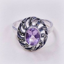 Sz 7.5 Vtg Sterling Silver Handmade Ring, 925 w/ Amethyst n marcasite inlay