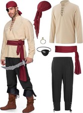 Adult Size Large L 6 Pcs Men Pirate Costume, Men Renaissance Medieval Beige Ren
