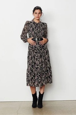 Ba&sh Gilda Black Purple Floral Print Midi Dress Size 0 US 2 Long Sleeve Chiffon