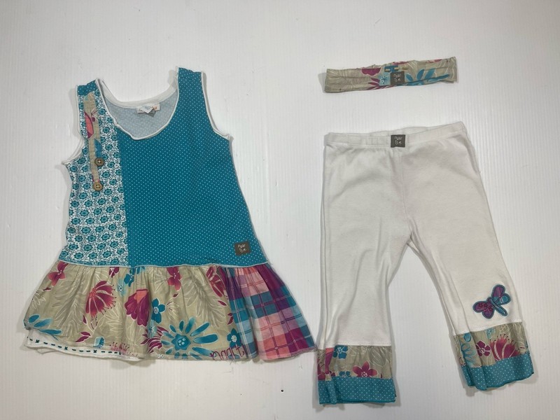 Naartjie Girls Blue White Floral 100% Cotton Crop Pant Tunic Top Headband Set 6