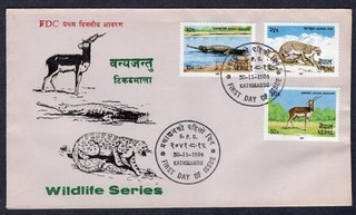 FAUNA WILDLIFE ANIMALS ANTELOPE PANTHER CROCODILE 1984 NEPAL FDC