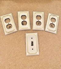 Lot of 5 Vintage American Tack White Gold Outlet Covers & Single Wall Switch
