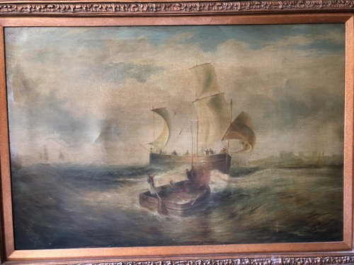 Antique master oil painting. Very old ship rescue. Huge 51 x 40 - Picture 2 of 9