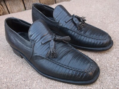 Johnston & Murphy Tassel Loafers Black Exotic‎ Ostrich Leather Italian Mens 13 M Vintage 70s Johnston & Murphy Aristocraft Black Faux Reptile  main image 4