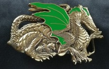 GREEN WINGED DRAGON WITH BABY DRAGONS SOLID BRASS BELT BUCKLE 1982 BARON BUCKLES