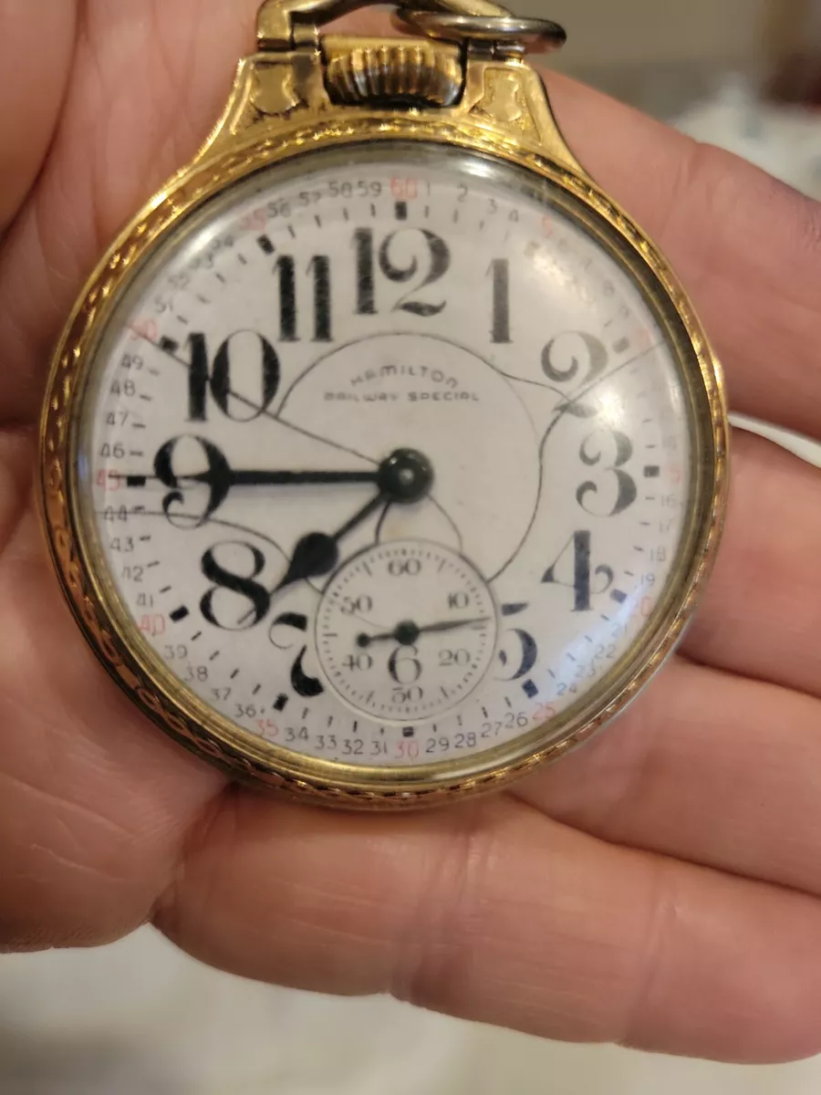 Hamilton 992B Railroad Pocket Watch size 21 jewels Gold filled case RUNS