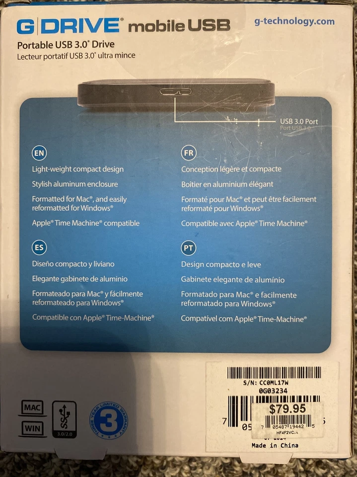 G-Technology G-DRIVE mobile USB-3.0 Portable Hard Drive 1TB NIB.  Never Opened - Image 3 of 4