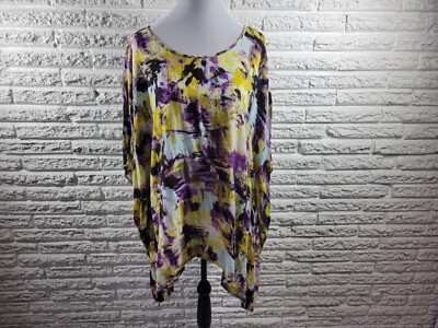 Westbound 2X Purple Watercolor Kimono Sleeve Shark Bite Asymmetric Hem Tunic Top