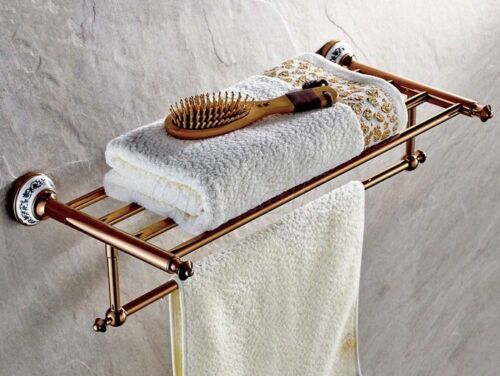 Rose Gold Brass 2-Tier Wall Mount Bathroom Towel Rack Towel Holder Towel Shelf
