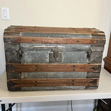 Circa 1800 Antique Camelback Dome Steamer Trunk Embossed Tin & Wood Steel Wheels
