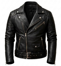Men  s Black Real Leather Biker Jacket Quilted Shoulder Motorcycle Slim Fit Moto