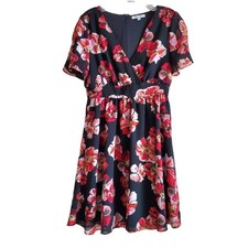MADEWELL Size 0 Dress French Rose V-Neck Mini Black Red Lined Tulip Sleeve 34"