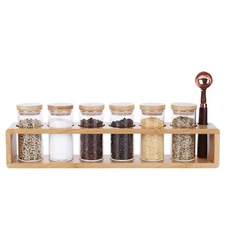 Glass Spice Jars set of 6 with Rack and Spoon,Sealed Glass Spice Containers w...