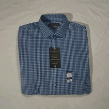 Perry Ellis Premium Slim Fit Cotton Blend Dress Shirt Blue Check 15.5 34/35