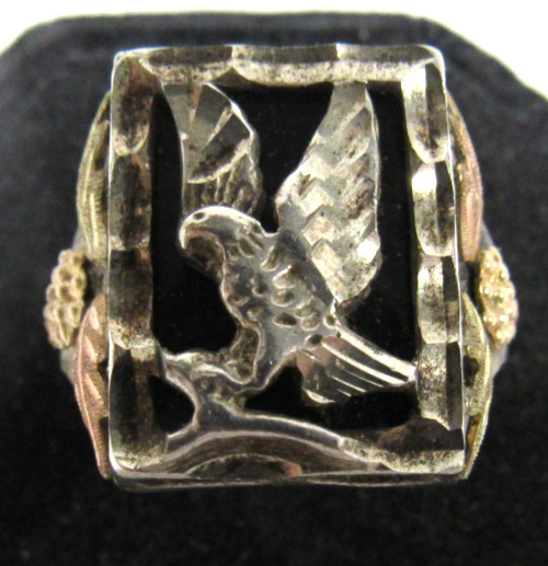 Riddles RGC Black Hills Silver Gold EAGLE Ring Sz 11.5 Sterling Onyx Org Box 10g View 2