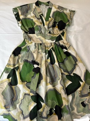 Marella Dress Womens Size 4 Green Abstract Flower Print Striped V-Neck Button