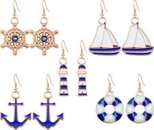 5 Pairs Nautical Themed Jewelry Sailboat Earrings Sailor Earrings Unique Navy Na