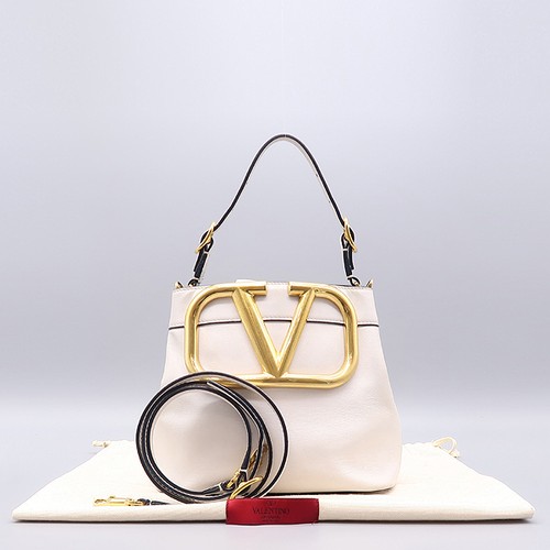VALENTINO WW2B0J74ZXL White Leather V Logo Supervee Bucket Tote Bag + Shoulder