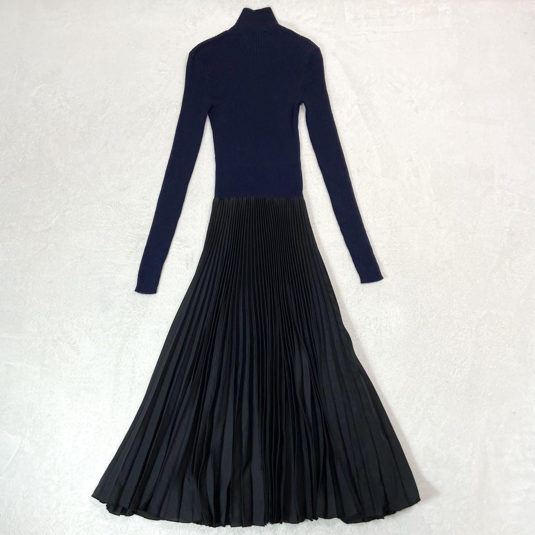 PRADA Navy Black Embroidered Knit Pleats Long Dress