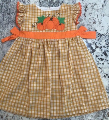 Lil Cactus Autumn Pumpkin Appliques Embroidered Gold Gingham A Line Dres 3T NWT