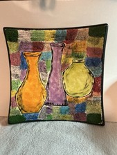 Ceramic Hand Painted Decorative Plate Of Three Vases Orange Lavender Yellow 