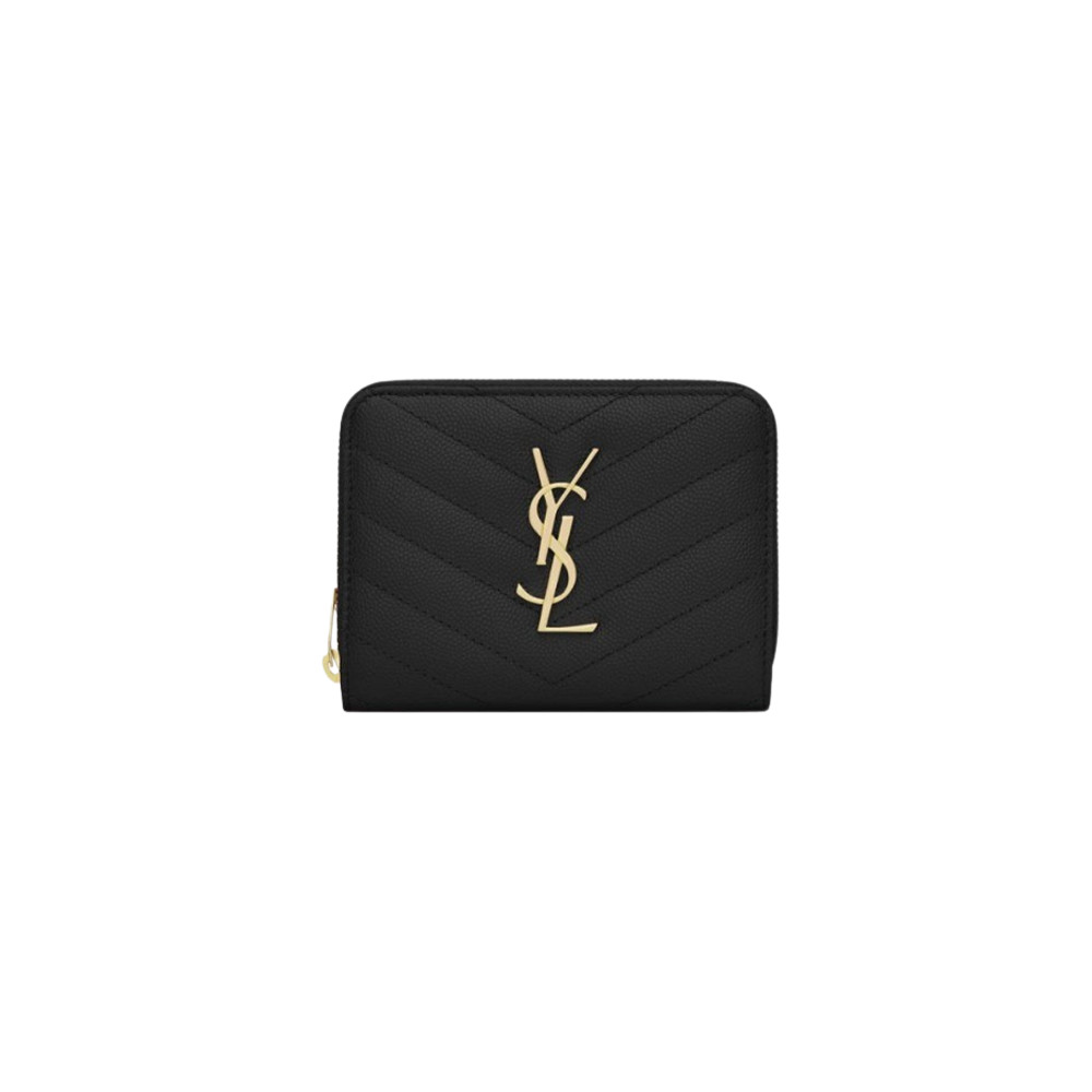 Saint Laurent Cassandre Embossed Leather Compact Zip Wallet Black