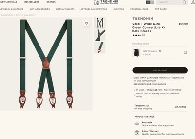 TRENDHIM Vexel NIB Suspenders Dark Green & Leather Convertable X Back Braces