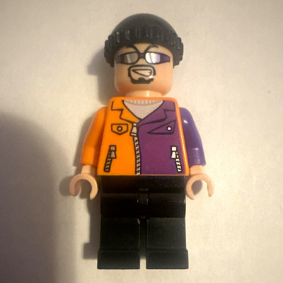 LEGO Minifigure Black Hair Orange Purple Jacket Black Pants Glasses Beanie