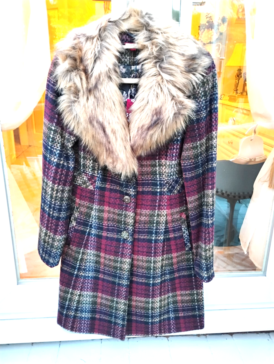 Joe Browns Plum Check 12 Fitted BNWT Fur Trim Metal Buttons[ new