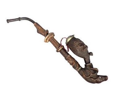 Antike Schwarzwälder geschnitzte Hirschkopf Tabakpfeife - Glasaugen - selten 1880