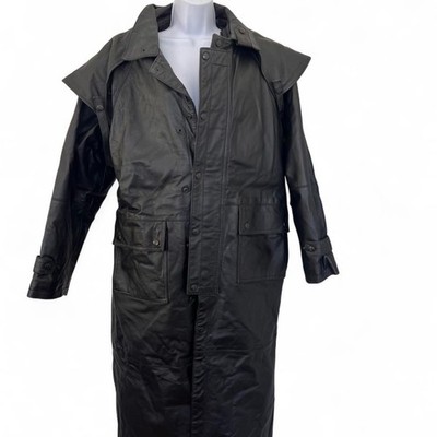 USA Biker Dream Apparel Black Leather Trench Coat with Detachable Cape Size M