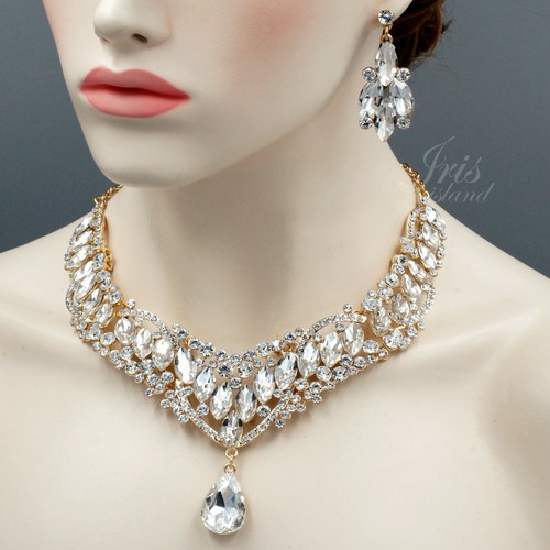 Huge Gold Plated Clear Crystal Wedding Necklace Pendant Earrings Jewelry Set 437 - Bild 2 von 7