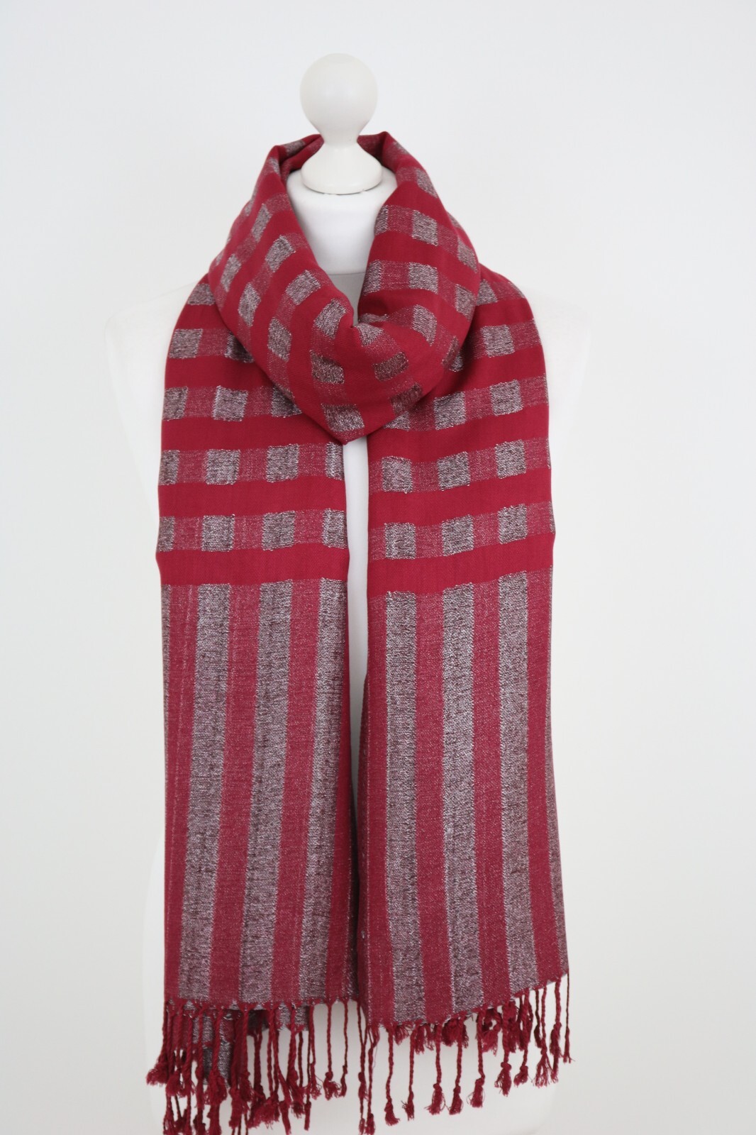 TASSELS SCARF Raspberry Red Large Check Pattern Tassels Scarves Wrap Shawl Gifts