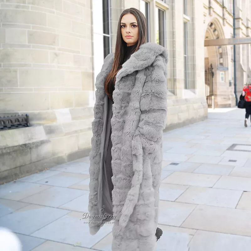 NEW Patched Rabbit Fur Long Coat, Winter Coat, Real Fur Jacket - Grey