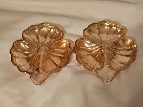 Vintage Jeanette Marigold Carnival Glass Set Of 2 Three Leaf Clover Candy Dishes